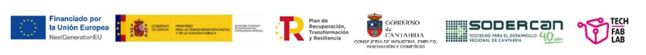 Logos oficiales: Unión Europea NextGenerationEU, Gobierno de España - Plan de Recuperación, Transformación y Resiliencia, Gobierno de Cantabria, SODERCAN y TECHFABLAB